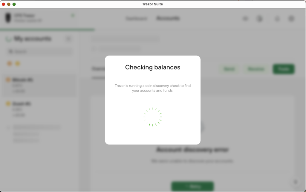 Checking Balances - Trezor is running a coin discovery check to find your accounts and funds